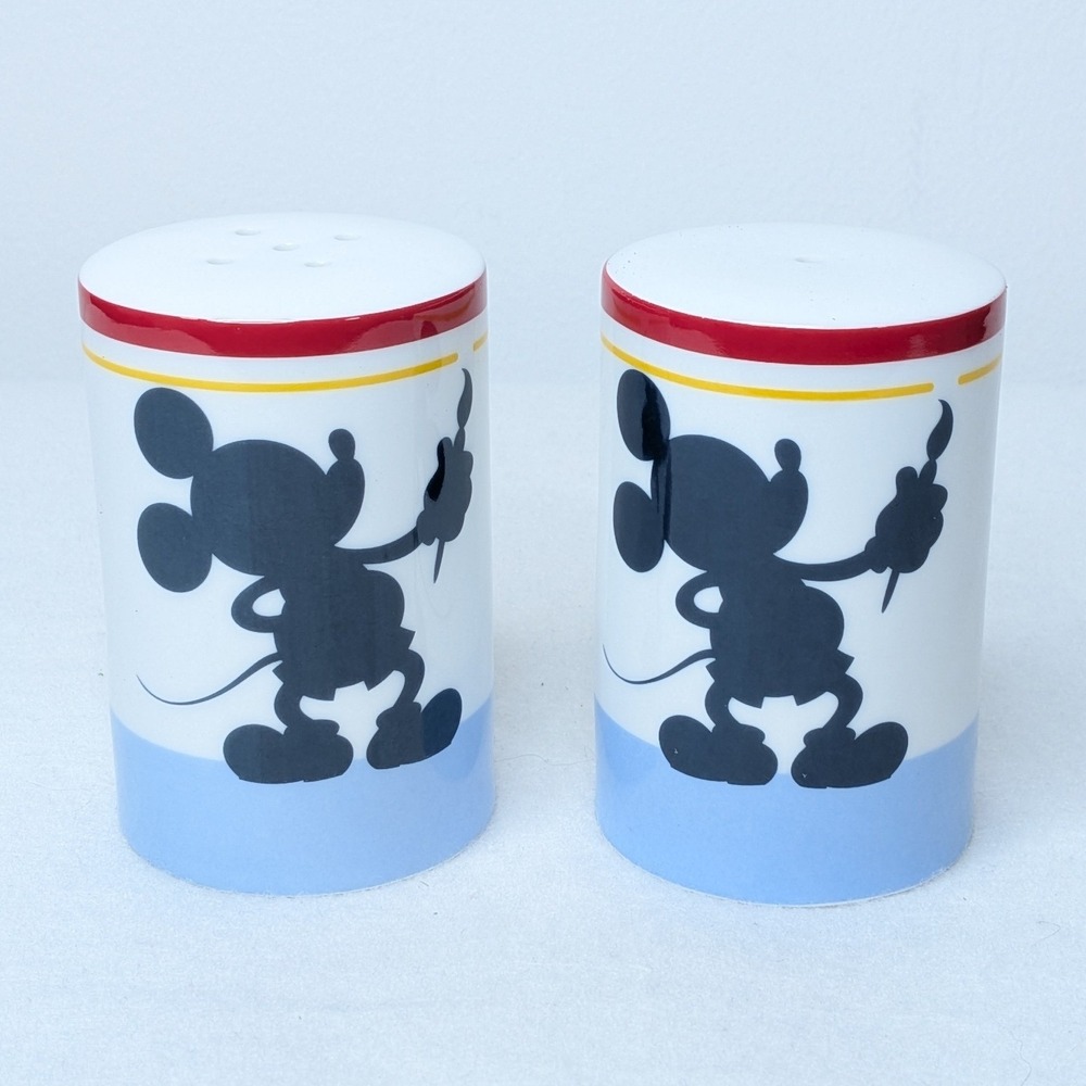 Disney Mickey Mouse Painter Silhouette Ceramic Salt Pepper Shaker Set White Blue